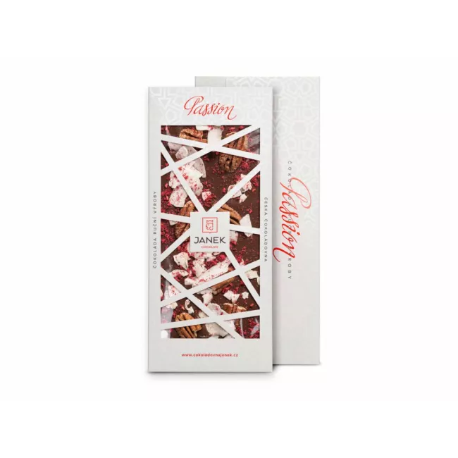 Mléčná čokoláda 41,3% s kokosem, pekanovými ořechy a malinami